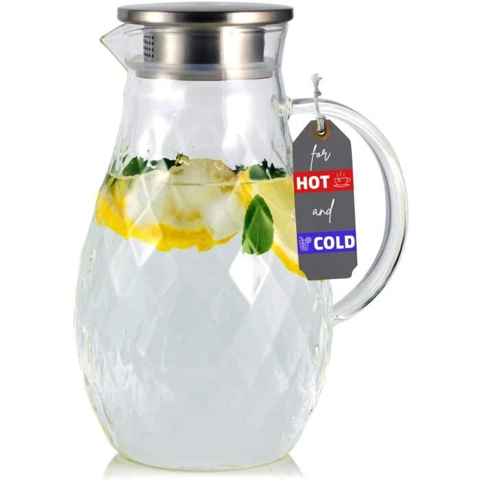 JCPKitchen Pichet en Verre Borosilicate avec Couvercle - Carafe pour Boissons Chaudes et Froides d'une capacité 2L avec Motif Unique