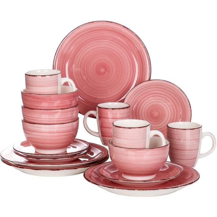 vancasso, Série Bella, Service de Table en Céramique, Assiettes 16 Pièces 4 Personnes, Faïence Style Vintage Rustique, Motif Cercle