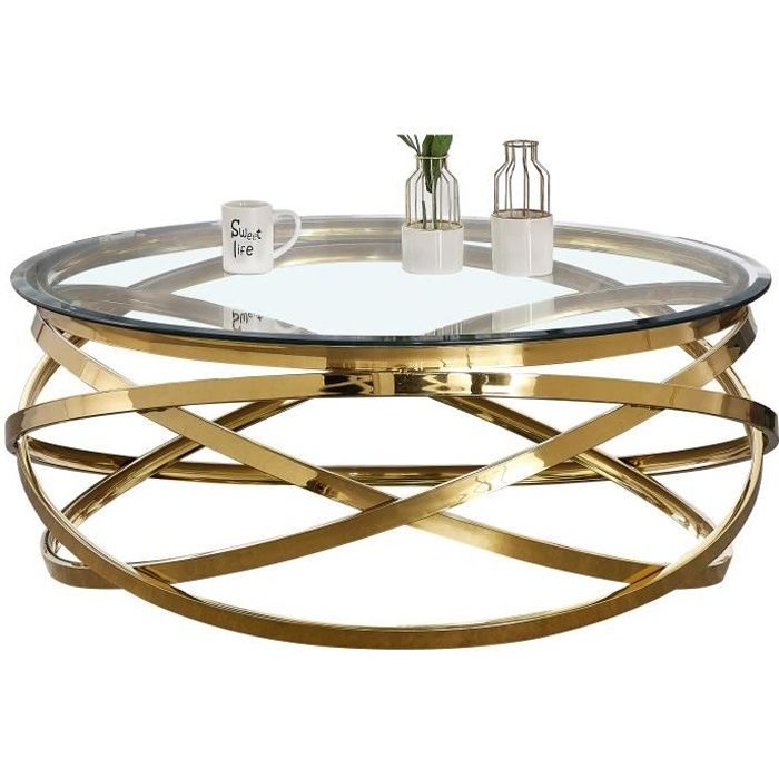 Table basse design rond avec piètement en acier inoxydable poli doré et plateau en verre trempé transparent L. 100 x H. 43 cm