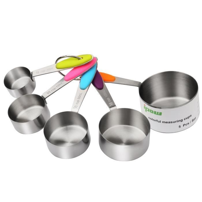 ipow Lot DE 5 en Acier Inoxydable Américain Verre doseur Cuillère de Mesure avec la Poignée pour la Cuisine en Silicone Cuisson P