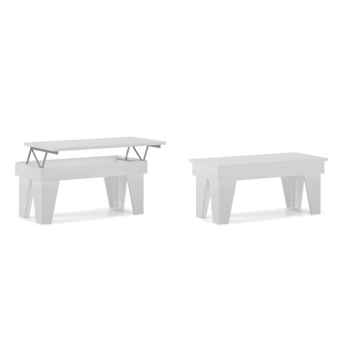 Table basse relevable, salle à manger, modèle KL, blanc mat, mesures 92x50x45/57 cm de hauteur