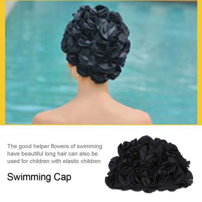 Drfeify bonnet de bain fleur Femmes Enfants Forme De Fleur Mode Chapeau De Bain Élastique Bonnet De Bain Cheveux Longs (Noir)