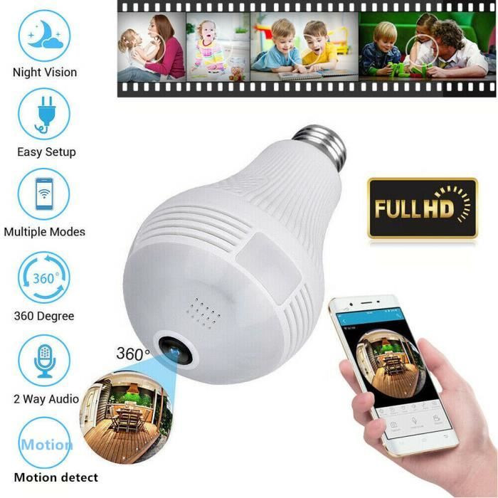 Camera de Surveillance WiFi Ampoule caméra 360 ° Camera de Sécurité Moniteur pour Maison Bureau Bébé