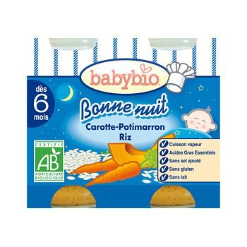 Babybio - Petit Pot Bébé Bonne Nuit Carotte Courge Butternut Riz - Bio - 2x200g - Dès 6 mois