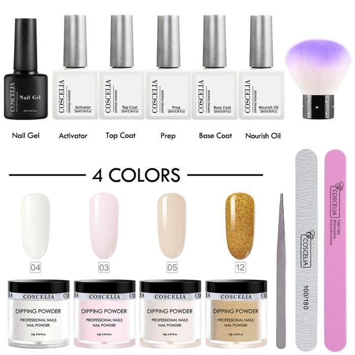 Kit Manucure 4 pc Poudre Acrylique Pas Besoin de Lampe Dipping Powder Base Coat Top Coat Activator Limes Accessoire à ongle