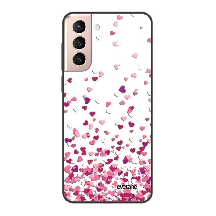 Coque soft touch glossy pour Samsung Galaxy S21 5G - EVETANE - Modèle : Confettis De Coeur