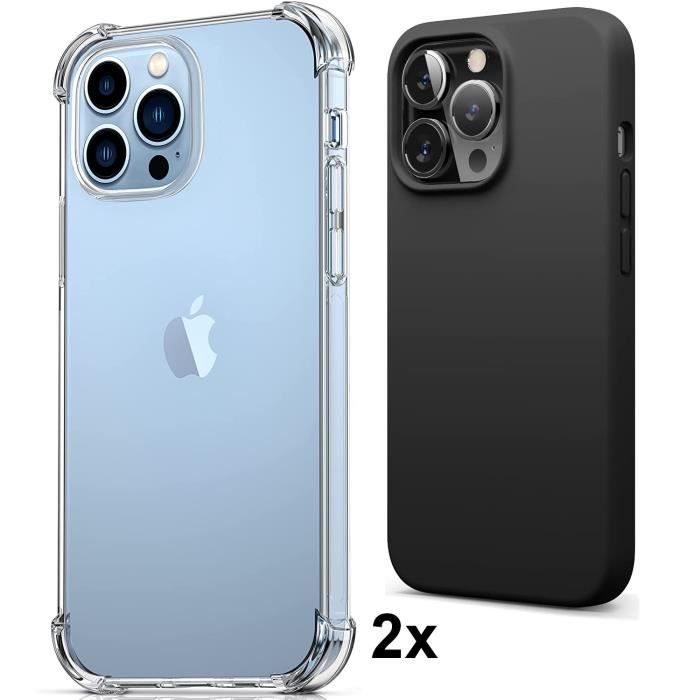 lot 2x coque IPHONE 13 PRO MAX Anti-chocs bords renforcés en silicone noir transparente
