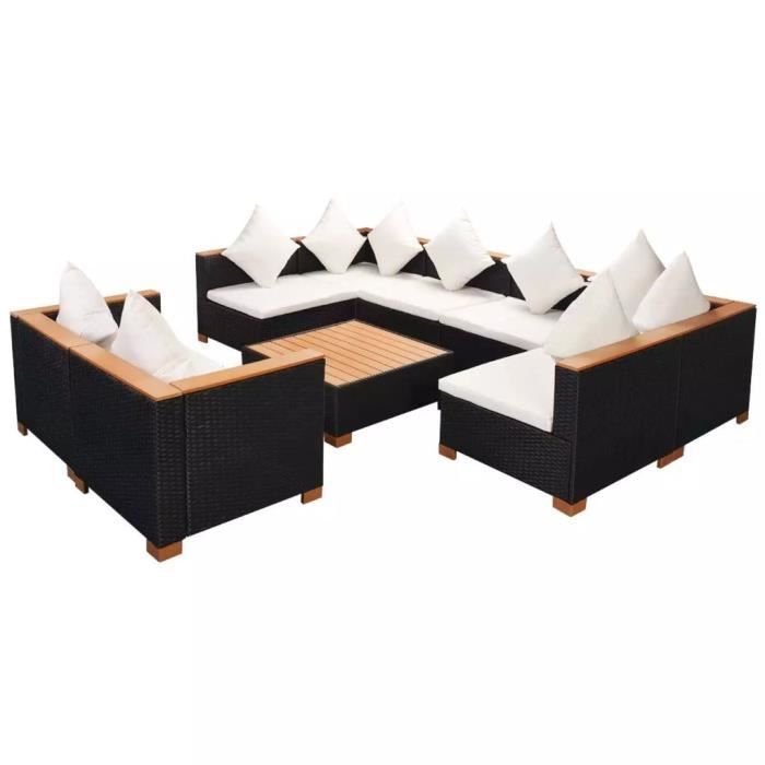 vidaXL Salon de jardin 9 pcs avec coussins Résine tressée Noir