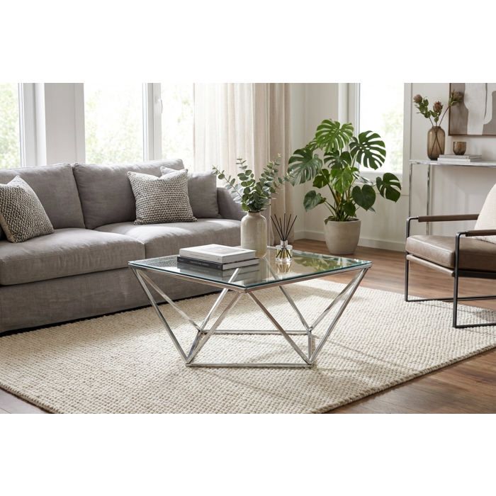 Table Basse Carrée Plateau Verre Trempé Transparent Pieds Chrome 80x80x45cm