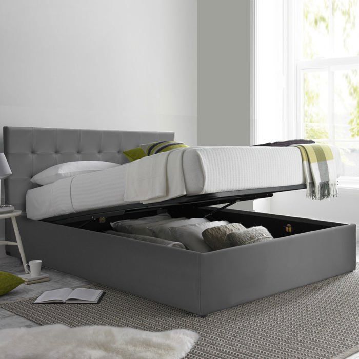 Lit Coffre Penthouse 160 x 200 by Sampur Simili Cuir Gris Design et Moderne - Sommier à Lattes en Bois + Tête de Lit inclus Lit Coffre Penthouse 160 x 200 by Sampur Simili Cuir Gris Design et Moderne - Sommier à Lattes en Bois + Tête de Lit inclus