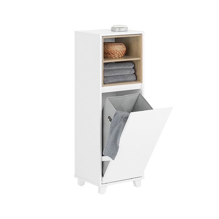 SoBuy Meuble Bas Salle de Bain 35x30x105 cm Demi-Colonne sur Pied avec Panier à Linge et Compartiments Blanc