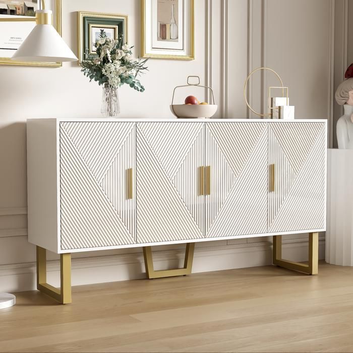 Buffet - PUGSDRLY - moderne luxe - 4 portes - Laqué blanc haute brillance - 150×40×82 cm