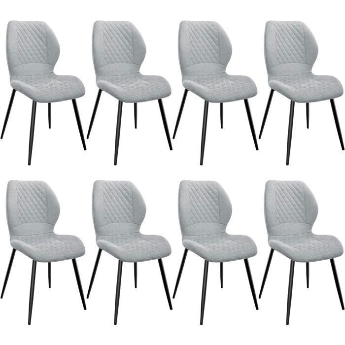 Chaise - WAFTING - Lot de 8 - Motif diamant - Coussin éponge de lin - Pieds métal (gris)