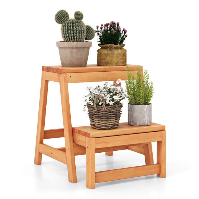 Porte-Plante - RELAX4LIFE - 3 en 1 - Tabouret Escabeau en Bois - 2 Étagère de Rangement - Charge 150KG - Naturel