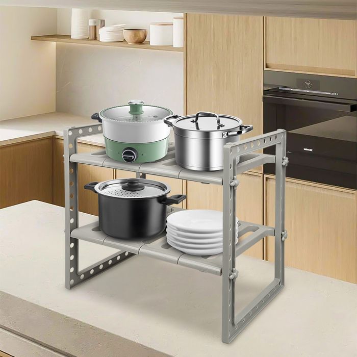 Meuble sous évier 38-70*26*38cm-coulissant-XJING-Etagère de cuisine sous comptoir-2Niveaux réglable en hauteur-Gris