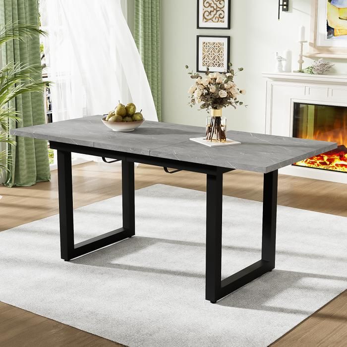 Table À Manger Extensible Rectangulaire Industrielle - Fer Moderne Minimaliste Gris + Noir Gain De Place 140 - 180x80x75cm