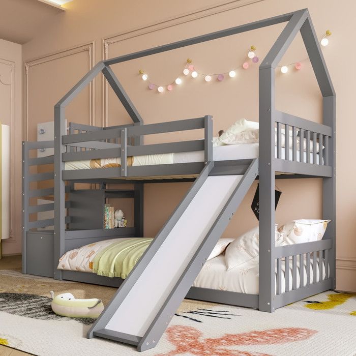 Lit Superposé 90x200 Cm Avec Escalier Et Toboggan – Maisonnette Enfant, Barrières De Sécurité – Blanc (Sans Matelas)