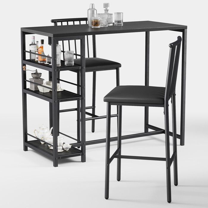Mange Debout - Bealife - 1 Table Haute Noir - 2 Tabourets avec Dossier - Métal et PU en Cuir - 3 Étagères - 91x50x91 cm