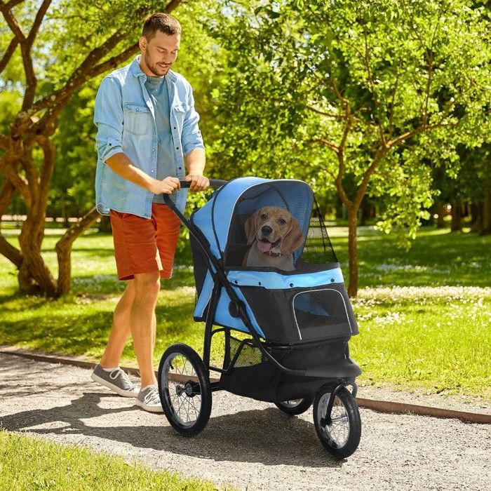 Meilleurs prix pour Poussette Pour Animaux Poussette pliable pour chien avec réflecteurs panier & pare-soleil - Fenêtre maille - Tissu Oxford bleu