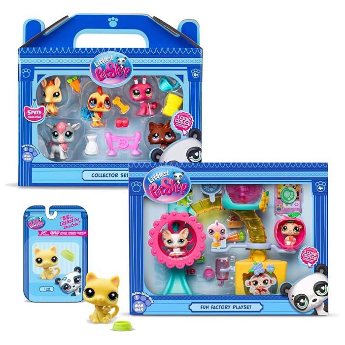 Bandai - Littlest Pet Shop - Ferme & Fun Factory  et 1 Figurine Supplémentaire (Petit Chat Jaune) - Mini Figurines  - Jouet