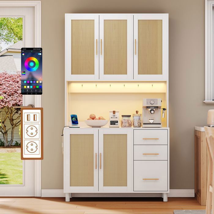 Buffet de Cuisine Haut Bar à Café Meuble de Rangement Armoire Cuisine en Rotin avec LED Étagères Réglables Blanc 100x47x187cm