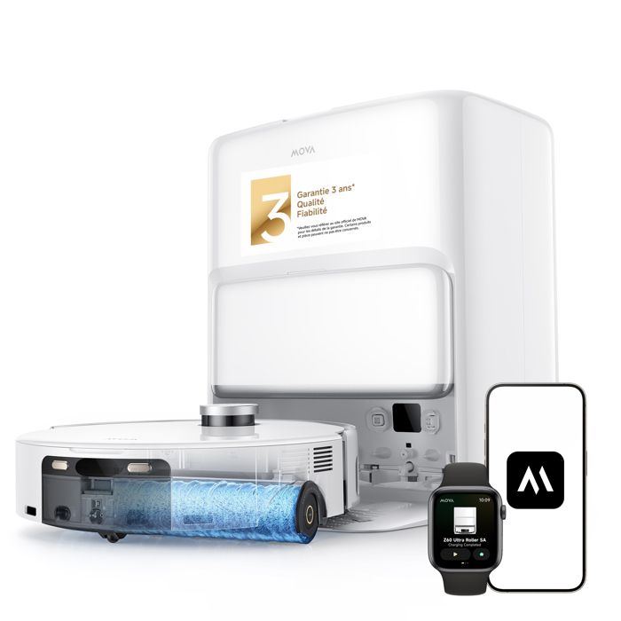 Robot Aspirateur - MOVA - Z60 Roller SA - 26000 Pa - Lavage HydroForce™ - Détection déjections - Mova