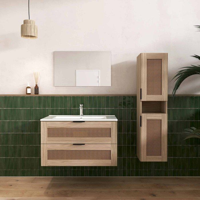 Ensemble Meuble de Salle de Bains 80 cm et Colonne - Decor Bois et Cannage - APOLLINE Ensemble Meuble de Salle de Bains 80 cm et Colonne - Decor Bois et Cannage - APOLLINE