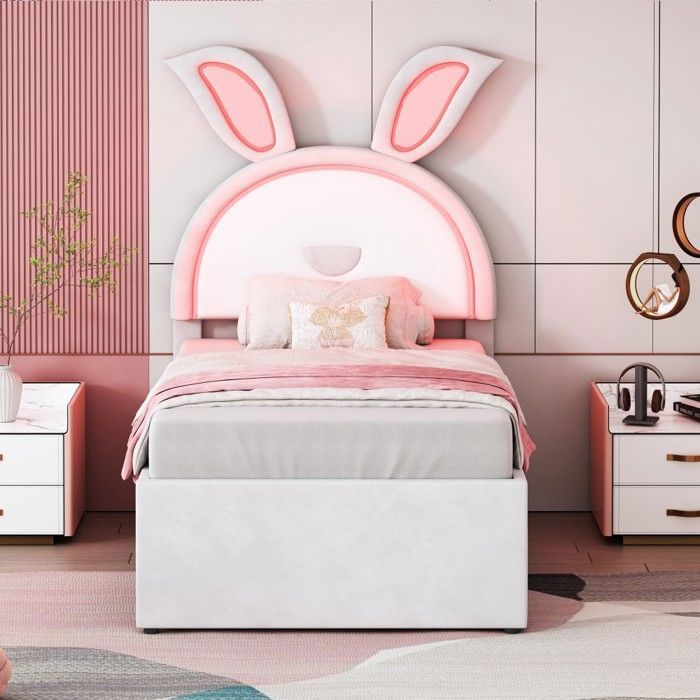 O.Ye Lit Enfant Lit Rembourré 90x200cm Velours Canapé-lit Multifonction Gigogne Tiroir Rangement Led Couleur Beige (sans Matelas)