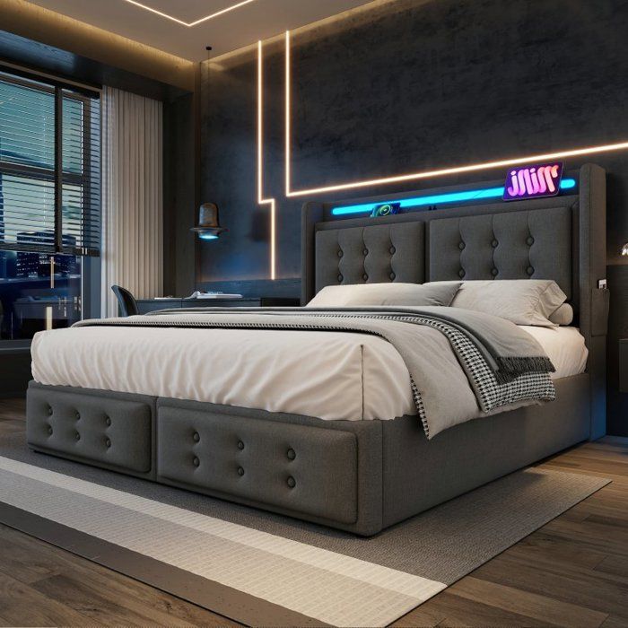 Lit 160x200 cm avec LED et 2 prises+1 USB+1 Type-C - lit coffre avec ...