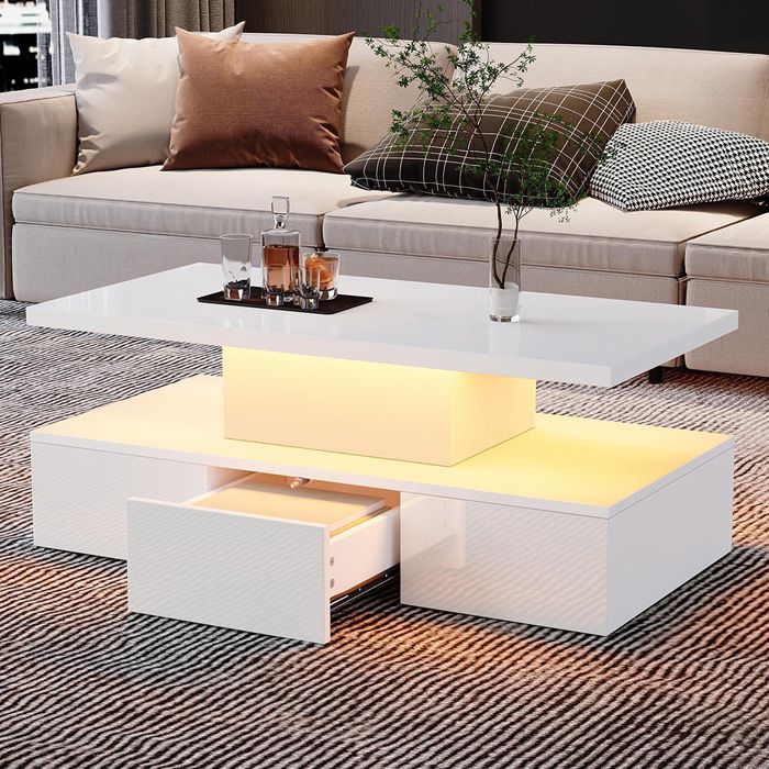 Table basse rectangulaire LED 16 couleurs - 1 tiroir étagère ouverte Blanche Table basse rectangulaire LED 16 couleurs - 1 tiroir étagère ouverte Blanche