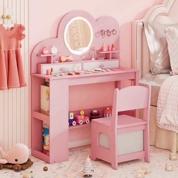 GYMAX Coiffeuse Enfant avec Chaise et Miroir LED Coiffeuse de Maquillage à Intensité Réglable Crochets Étagère et 5