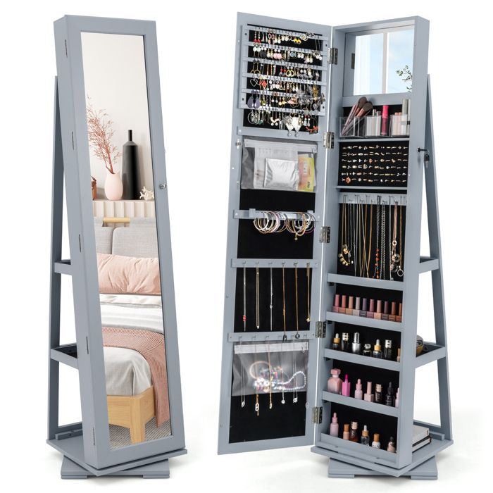 GOPLUS Armoire à Bijoux avec Miroir sur Pied et de MaquillagePivotante 360°avec Etagère et Serrure 39x39x161CM Gris clair