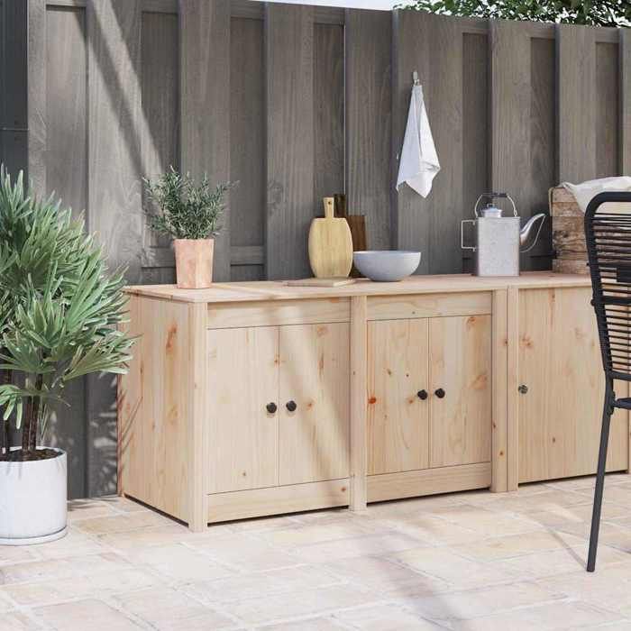 Meuble bas de cuisine chêne brun style contemporain en pin massif avec 4 portes et étagère grande largeur