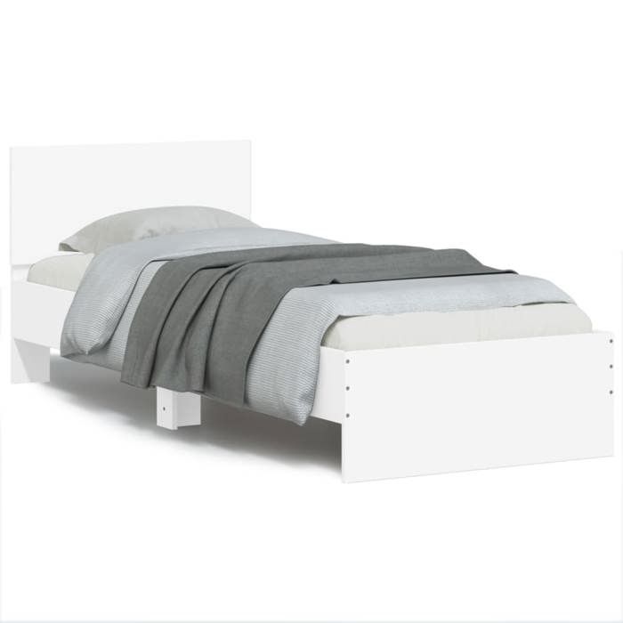 Cadre de lit avec lumières LED - Happiness - 90x190 cm - Blanc - Bois dingénierie - Lumières LED RVB - Tête de lit