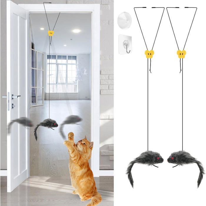 Porte Suspendue Souris Jouet Chat Interactif2pcs Jouets Interactifs pour Chats Apportez Deux Souris en PelucheJouet Chaton Contre