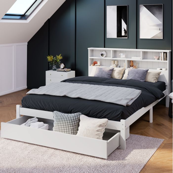 MODENUIT Lit double 140x200 cm avec rangements étagères et tiroir structure bois blanc pour enfants (Sans matelas)