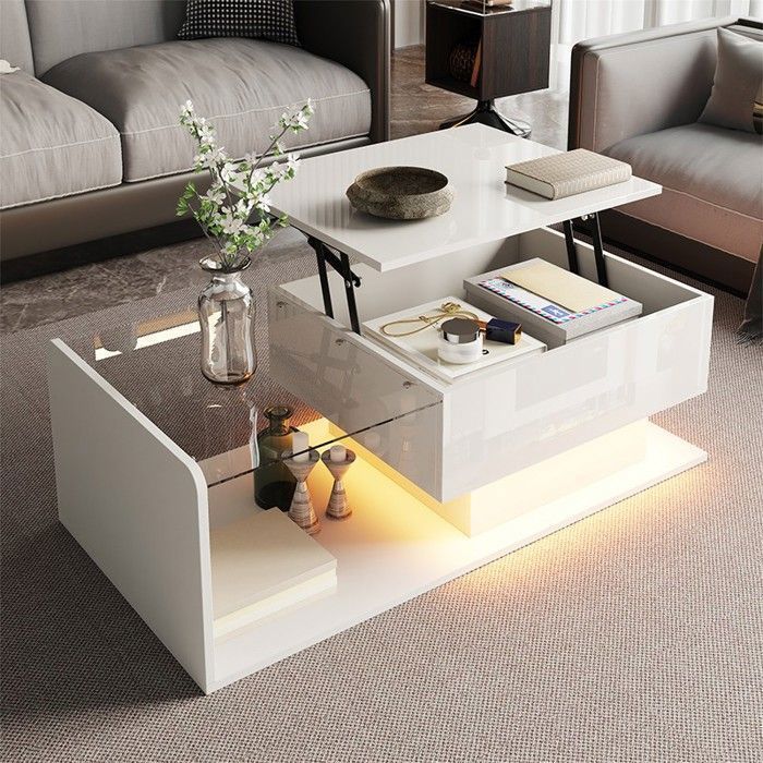 Table Basse Relevable 100x50x33/47 5 cm avec Plateau en Verre Trempé LED et Rangements - Blanc Brillant