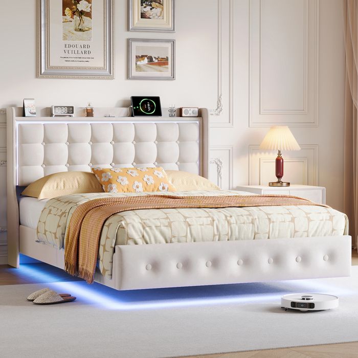 Lit double flottant - URBANLUXE - 160x200 cm - Velours blanc - LED intégrée - Sommier à lattes
