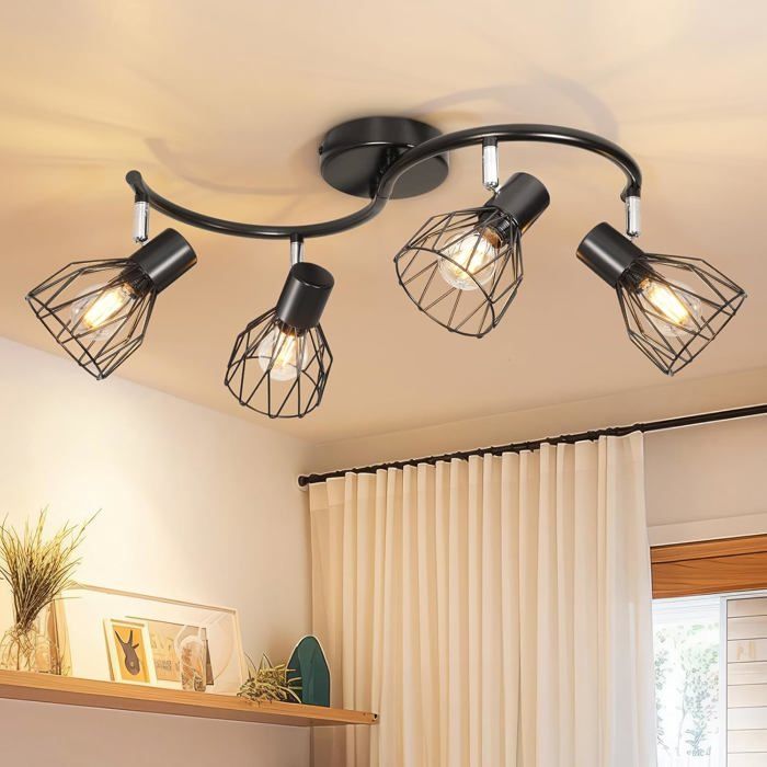 Plafonnier LED orientable-KAL-Luminaire Plafonnier LED Orientable 4 Spots Noir Industriel E14 pour Cuisine Salon Couloir