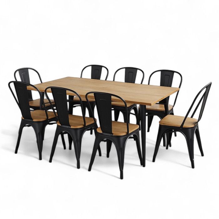Ensemble Table et Chaises Style Industriel Métal Noir Mat et Bois Naturel clair 160x80 cm