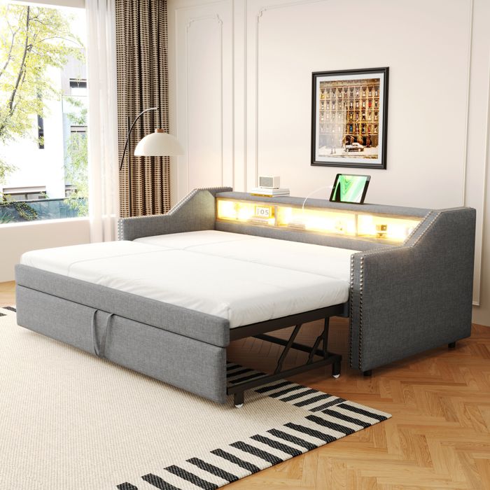 Lit Gigogne Simple 90×190 et 180×190 cm USB LED et Étagères - MEUNIQ - Sans Matelas Tissu Gris Clair