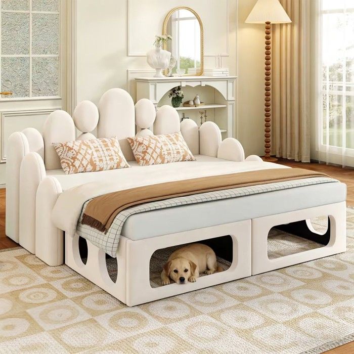 Canapé lit 180x200 cm avec niche pour animal et fonction 2 en 1 rembourrage velours doux sommier et dossier beige Canapé lit 180x200 cm avec niche pour animal et fonction 2 en 1 rembourrage velours doux sommier et dossier beige