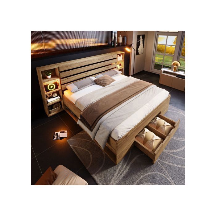 Lit adulte 160x200 cm lit double avec tête de lit LED USB Type C 2 tiroirs de rangement en MDF Chêne jaune sans matelas