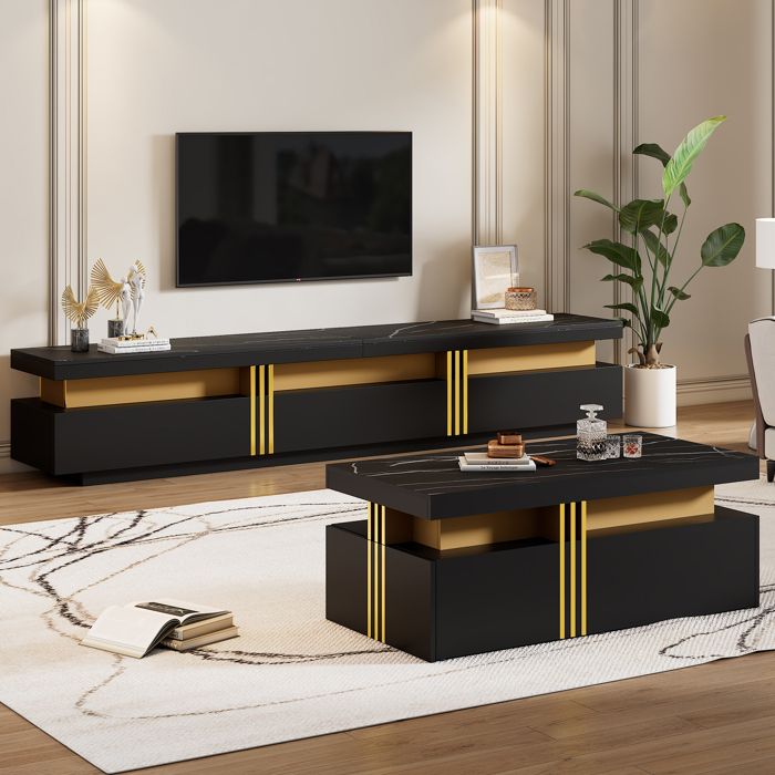 Ensemble meuble TV mural avec 1 table basse et 1 meuble TV - UVRION - Panneaux de particules - Noir