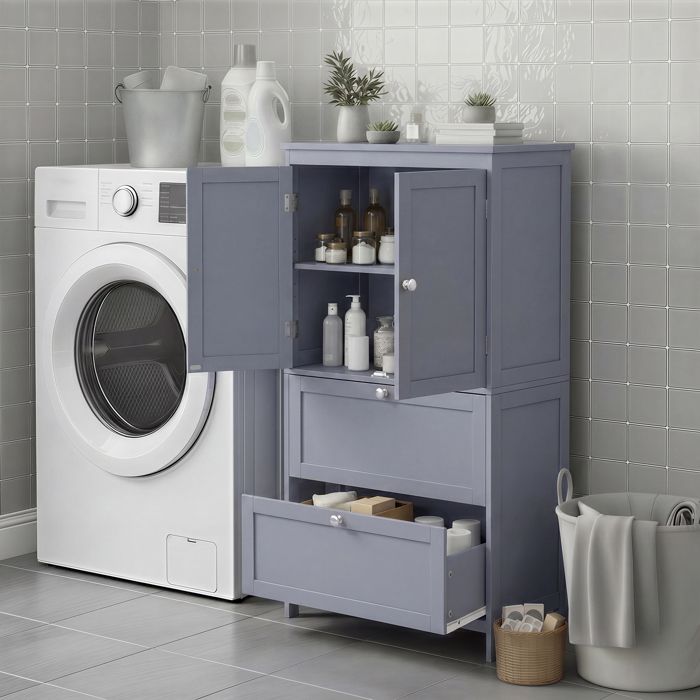 Colonne de Salle de Bain avec 2 Portes et 2 Tiroirs Étagères Réglables 30 x 60 x 110 cm Gris Tourterelle