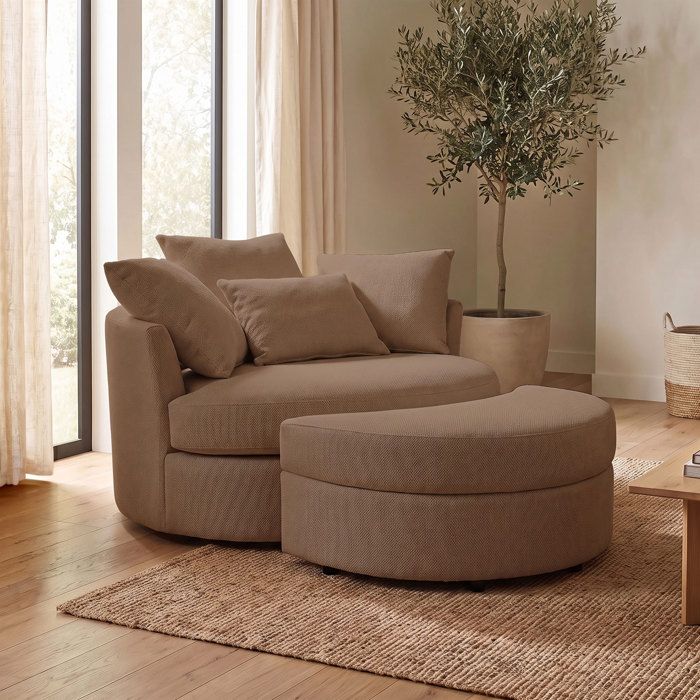 Fauteuil rond loveuse pivotante + coffre en tissu texturé marron