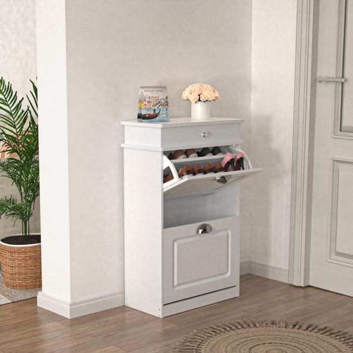 Meuble à chaussures laqué Blanc deux casiers rabattables ERROLVES grand volume de rangement -Dimensions 49 × 22 × 85 cm
