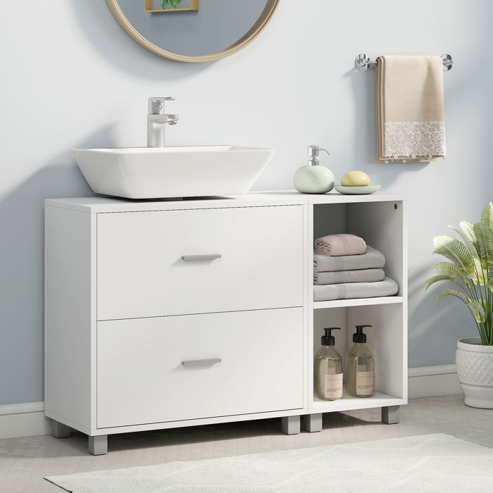 Meuble sous lavabo - 90 x 30 x 60 cm - Découpe en U 15 x 20 cm - 2 tiroirs & 2 étagères - Blanc MDF