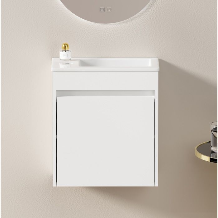 Meuble sous vasque blanc 46 cm avec porte à fermeture douce et rangement intérieur