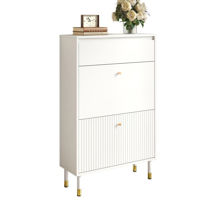 Meuble À Chaussures Étroit Blanc MDF 65x24x104cm Compartiments Rabattables Tiroir Façade Ondulée Pieds Métal Cylindrique Pour Entrée Meuble À Chaussures Étroit Blanc MDF 65x24x104cm Compartiments Rabattables Tiroir Façade Ondulée Pieds Métal Cylindrique Pour Entrée